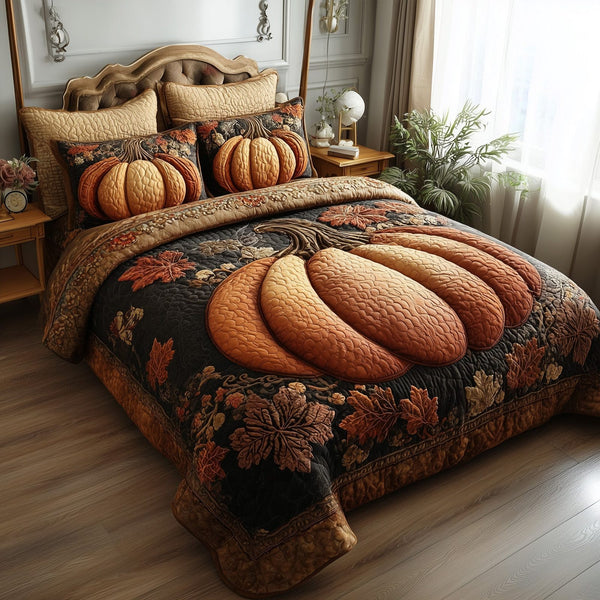 Rustic Pumpkin Charm quilted 3-piece bedding set on a made bed against a dark styled interior