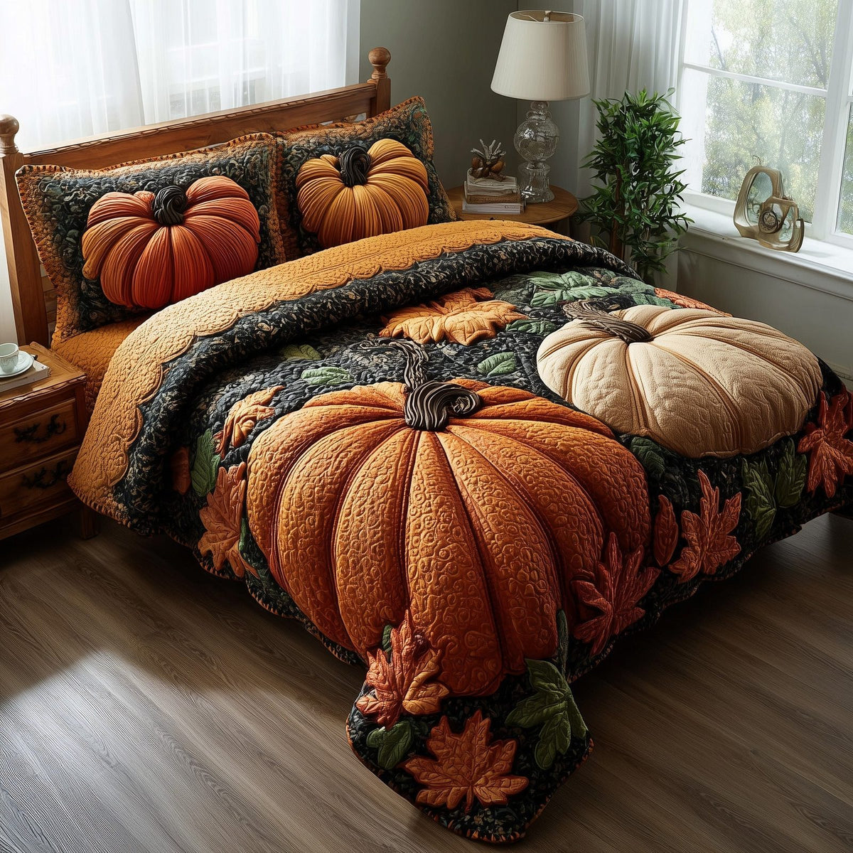 Rustic Pumpkin Charm quilted 3-piece bedding set on a made bed against a dark styled interior