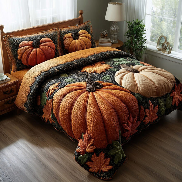 Rustic Pumpkin Charm quilted 3-piece bedding set on a made bed against a dark styled interior
