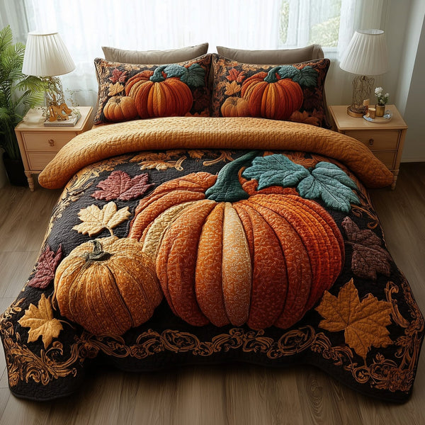 Rustic Pumpkin Charm quilted 3-piece bedding set on a made bed against a dark styled interior