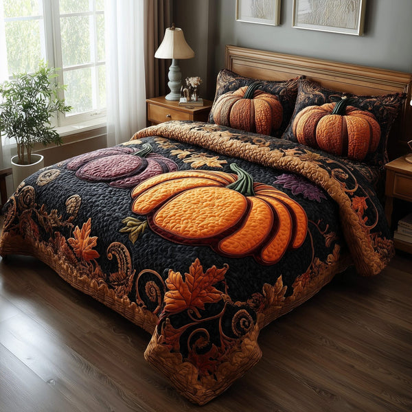 Rustic Pumpkin Charm quilted 3-piece bedding set on a made bed against a dark styled interior