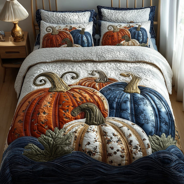 Rustic Pumpkin Charm quilted 3-piece bedding set on a made bed against a dark styled interior