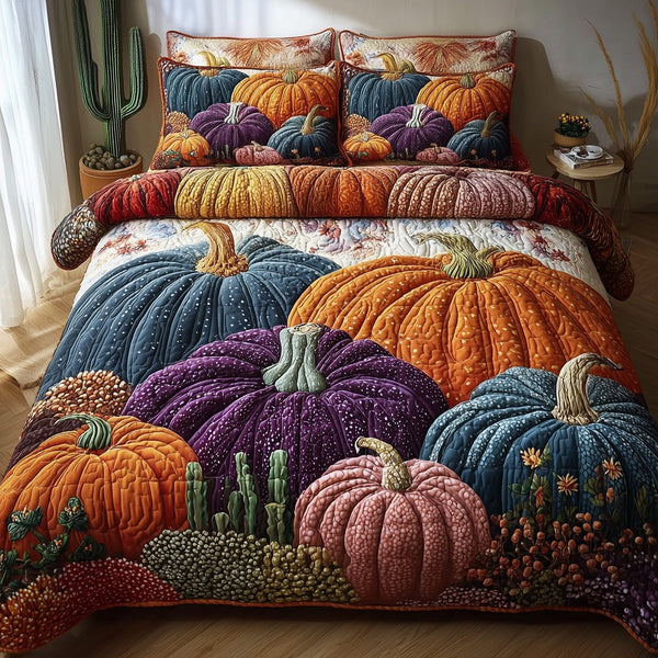 Rustic Pumpkin Charm quilted 3-piece bedding set on a made bed against a dark styled interior