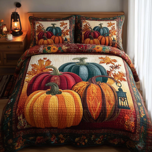 Rustic Pumpkin Charm quilted 3-piece bedding set on a made bed against a dark styled interior