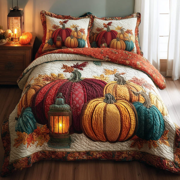 Rustic Pumpkin Charm quilted 3-piece bedding set on a made bed against a dark styled interior