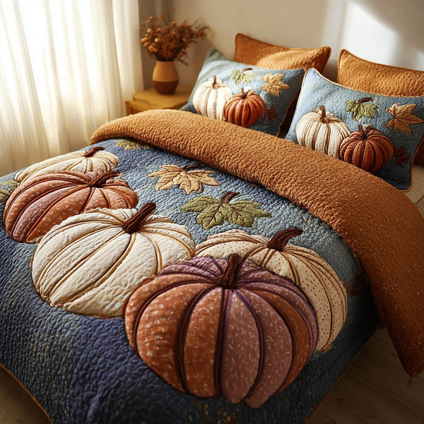 Rustic Pumpkin Charm quilted 3-piece bedding set on a made bed against a dark styled interior