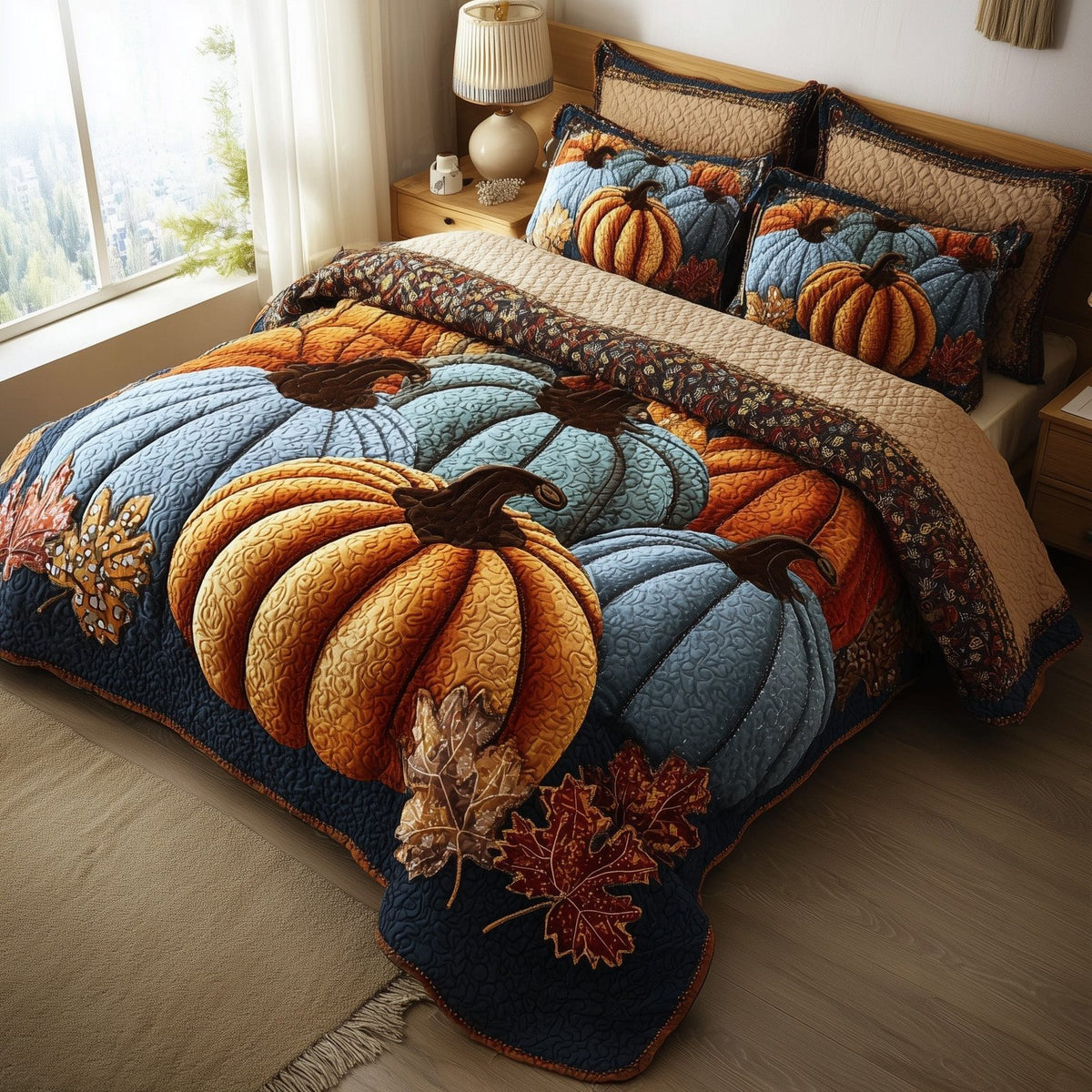 Rustic Pumpkin Charm quilted 3-piece bedding set on a made bed against a dark styled interior