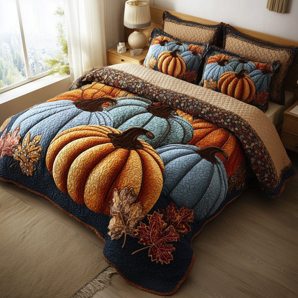 Rustic Pumpkin Charm quilted 3-piece bedding set on a made bed against a dark styled interior