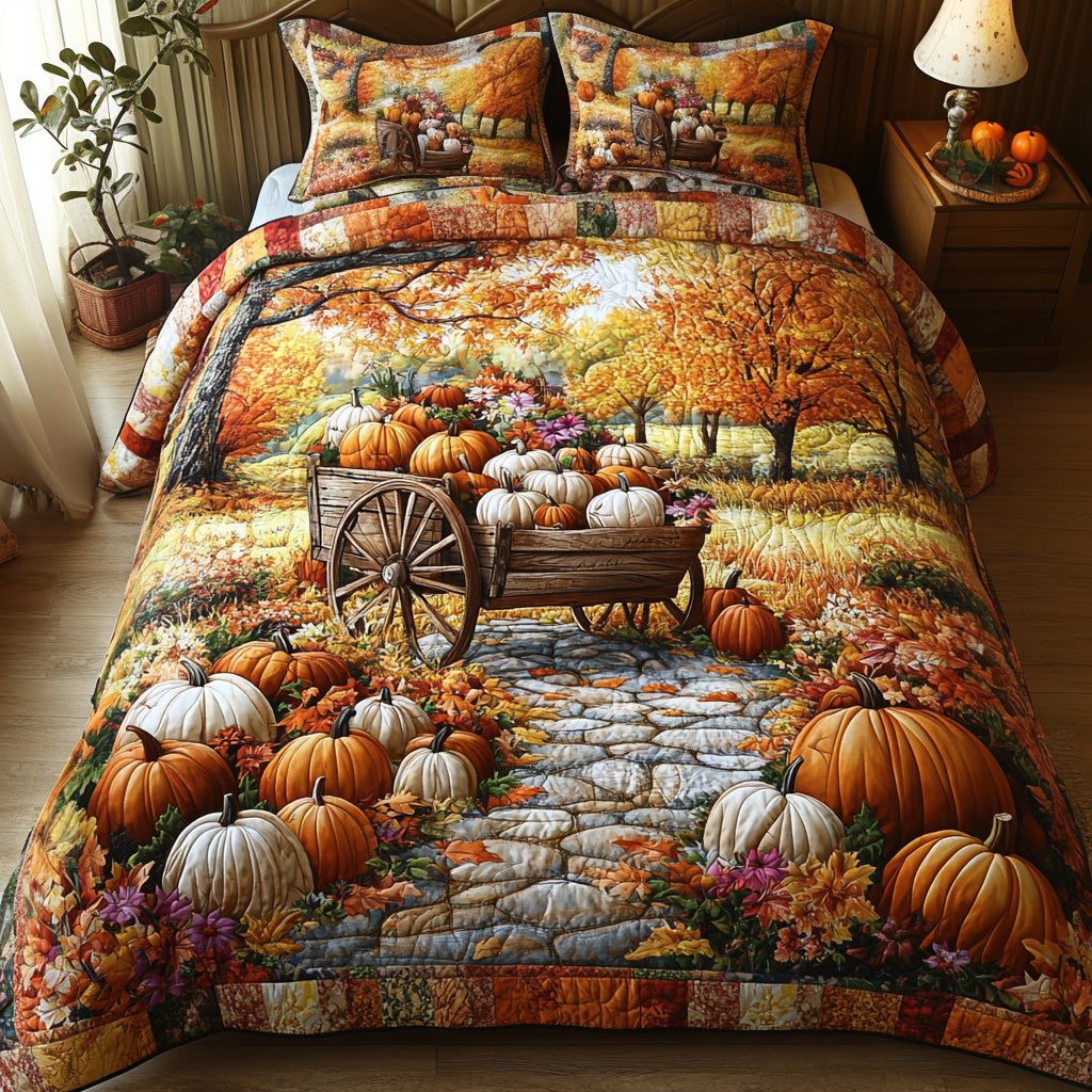 Rustic Pumpkin Patch quilted 3-piece bedding set on a made bed against a dark styled interior