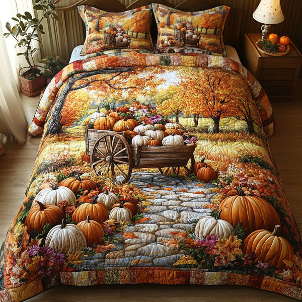 Rustic Pumpkin Patch quilted 3-piece bedding set on a made bed against a dark styled interior