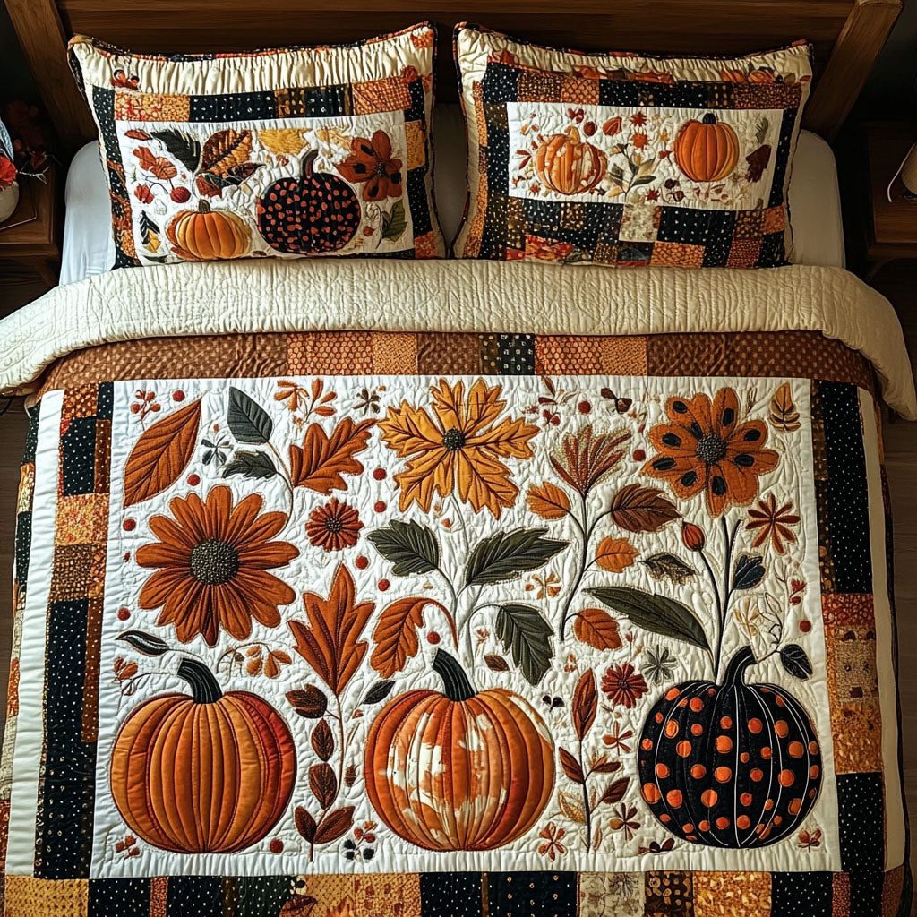 Rustic Pumpkin Patch quilted 3-piece bedding set on a made bed against a dark styled interior