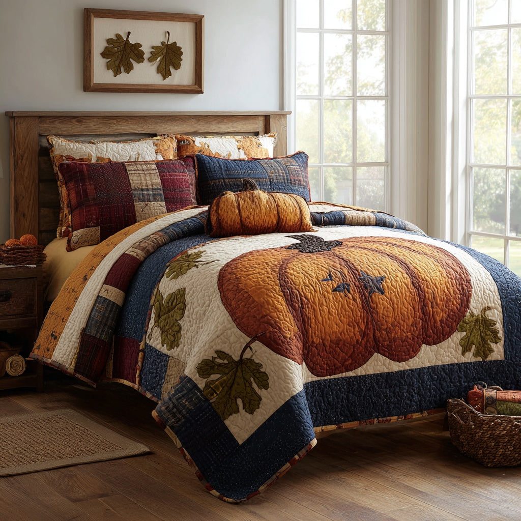 Rustic Pumpkin Patch quilted 3-piece bedding set on a made bed against a dark styled interior