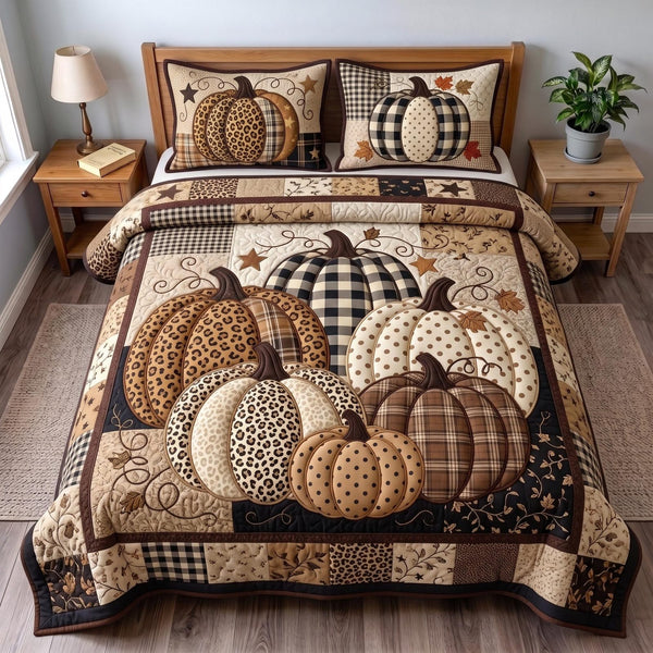 Rustic Pumpkin quilted 3-piece bedding set on a made bed against a dark styled interior