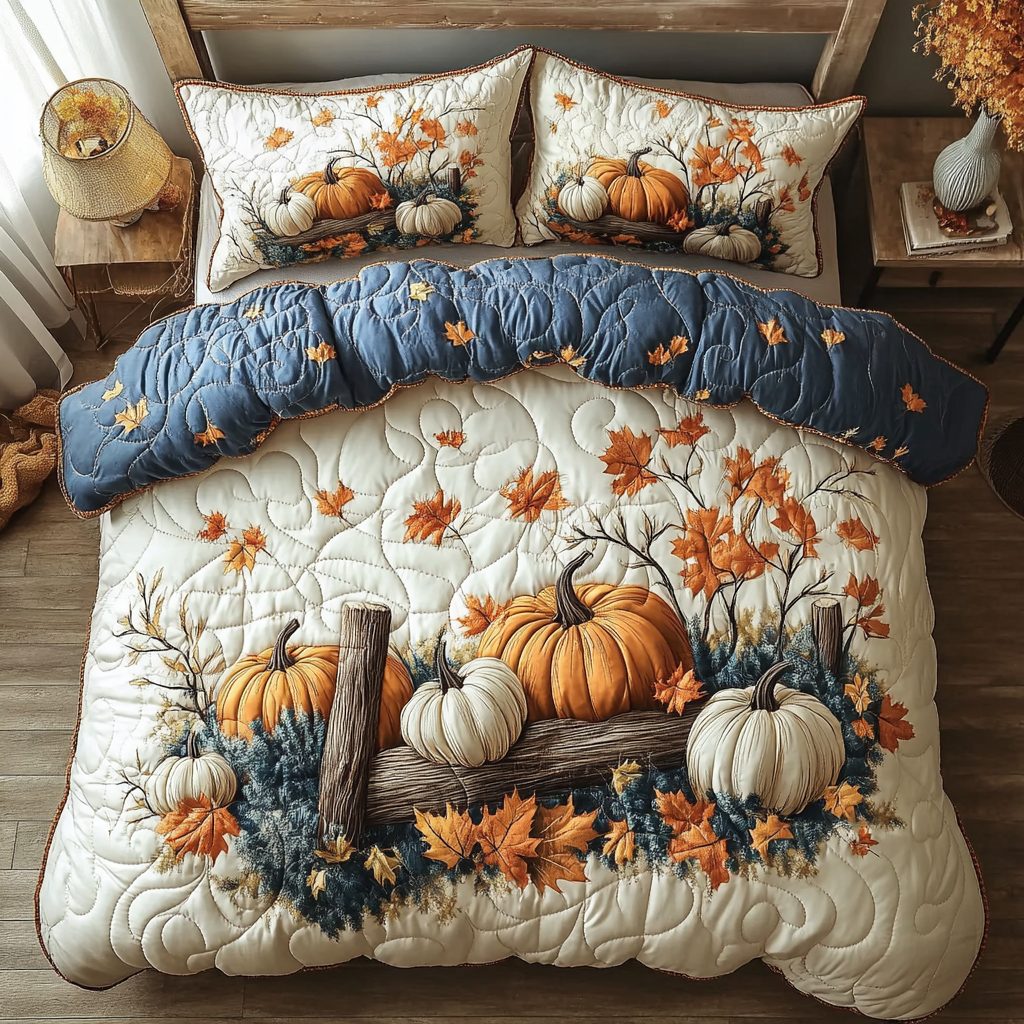 Rustic Pumpkin quilted 3-piece bedding set on a made bed against a dark styled interior