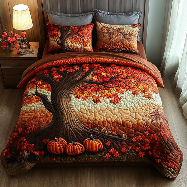 Rustic Pumpkin quilted 3-piece bedding set on a made bed against a dark styled interior