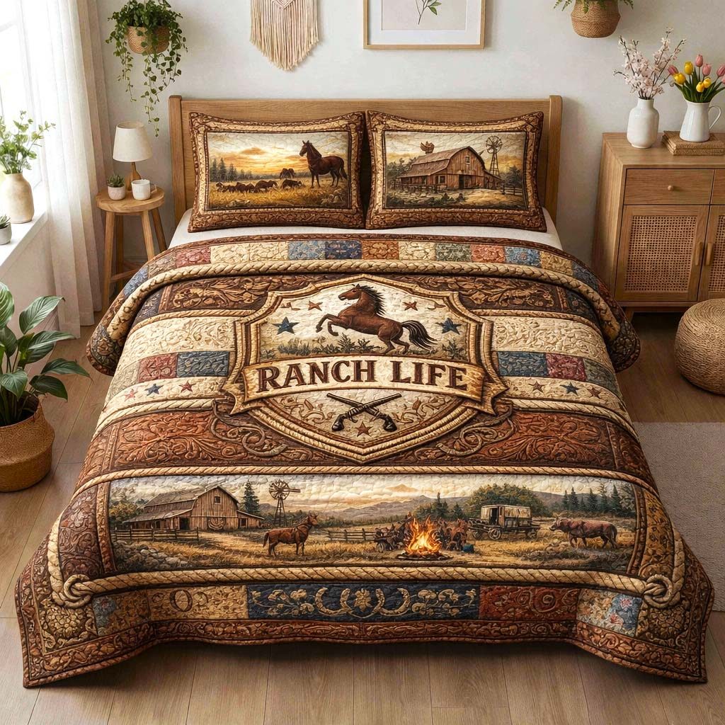 Rustic Ranch quilted 3-piece bedding set on a made bed in a rustic timber bedroom
