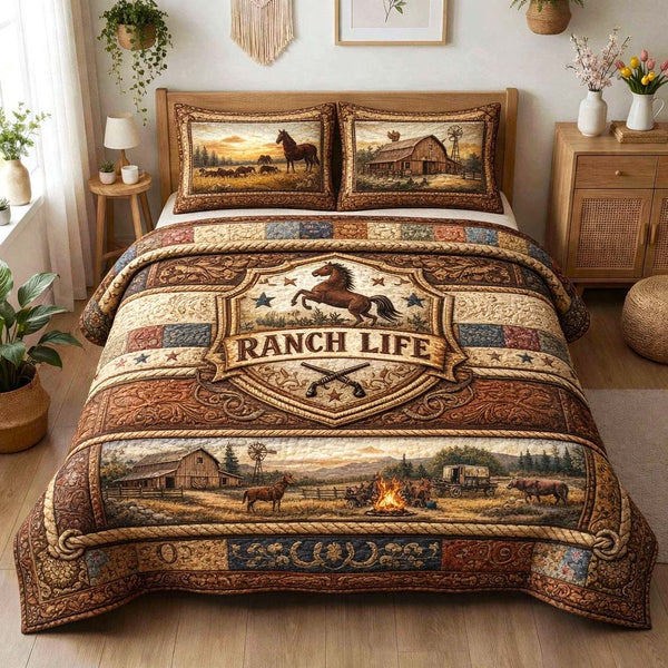 Rustic Ranch quilted 3-piece bedding set on a made bed in a rustic timber bedroom