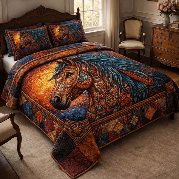 Rustic Ranch quilted 3-piece bedding set on a made bed in a rustic timber bedroom