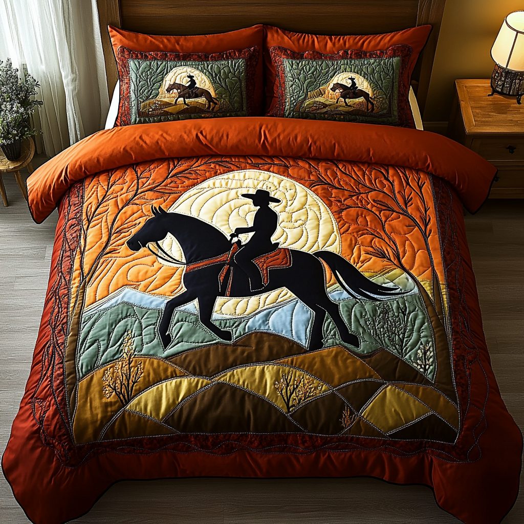 Rustic Ranch quilted 3-piece bedding set on a made bed in a rustic timber bedroom