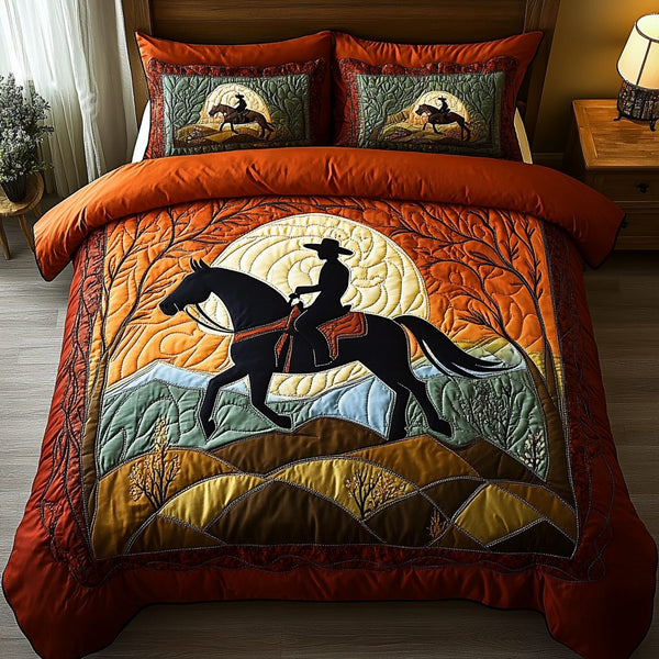 Rustic Ranch quilted 3-piece bedding set on a made bed in a rustic timber bedroom