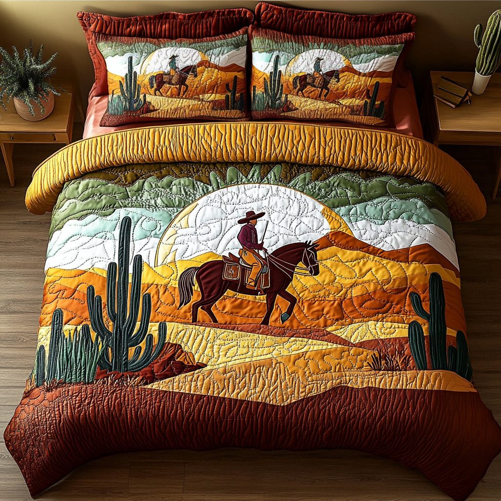 Rustic Range quilted 3-piece bedding set on a made bed in a farmhouse bedroom