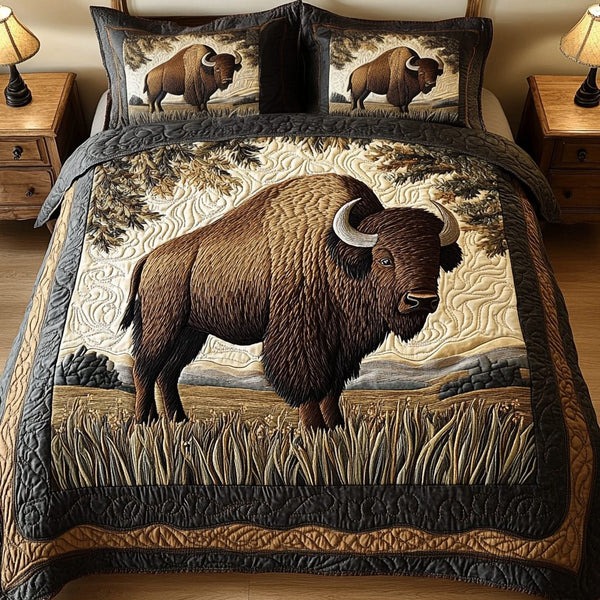 Rustic Range quilted 3-piece bedding set on a made bed in a farmhouse bedroom