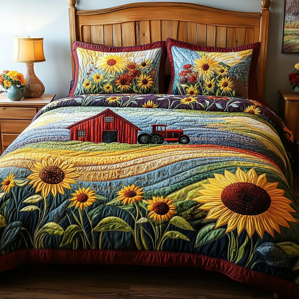 Rustic Rays quilted 3-piece bedding set on a made bed in a farmhouse bedroom