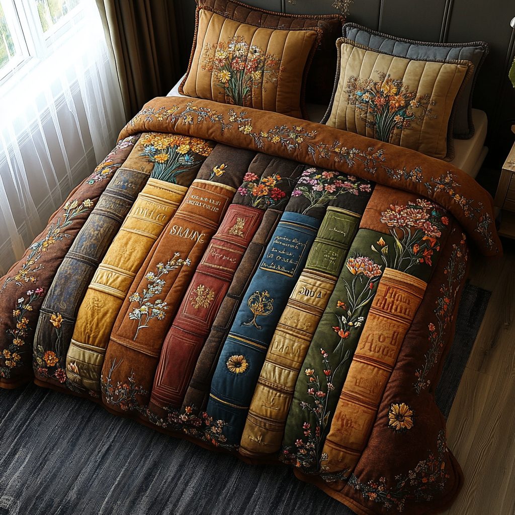 Rustic Reads quilted 3-piece bedding set on a made bed in a farmhouse bedroom
