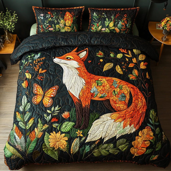 Rustic Red Fox quilted 3-piece bedding set on a made bed in a farmhouse bedroom
