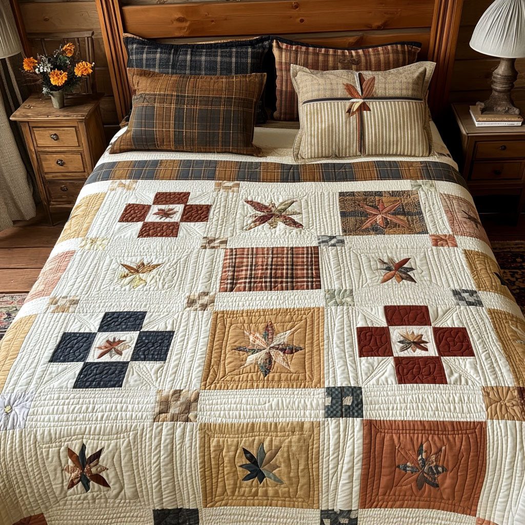 Rustic Reflections quilted 3-piece bedding set on a made bed in a farmhouse bedroom