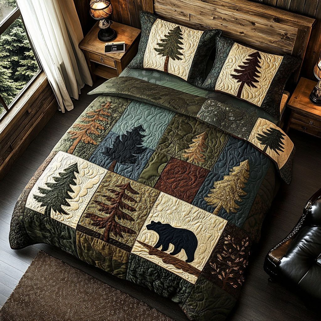 Rustic Refuge quilted 3-piece bedding set on a made bed in a farmhouse bedroom