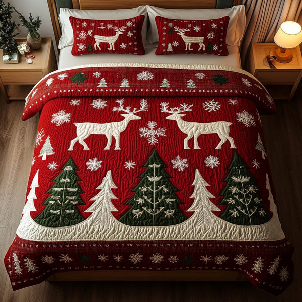 Rustic Reindeer quilted 3-piece bedding set on a made bed in a winter-styled bedroom
