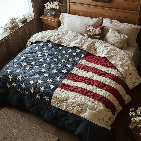 Rustic Republic quilted 3-piece bedding set on a made bed in a farmhouse bedroom