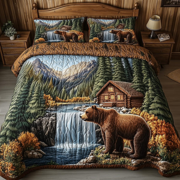 Rustic Retreat quilted 3-piece bedding set on a made bed in a farmhouse bedroom