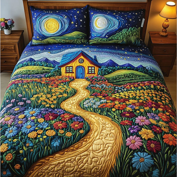 Rustic Retreat quilted 3-piece bedding set on a made bed in a farmhouse bedroom