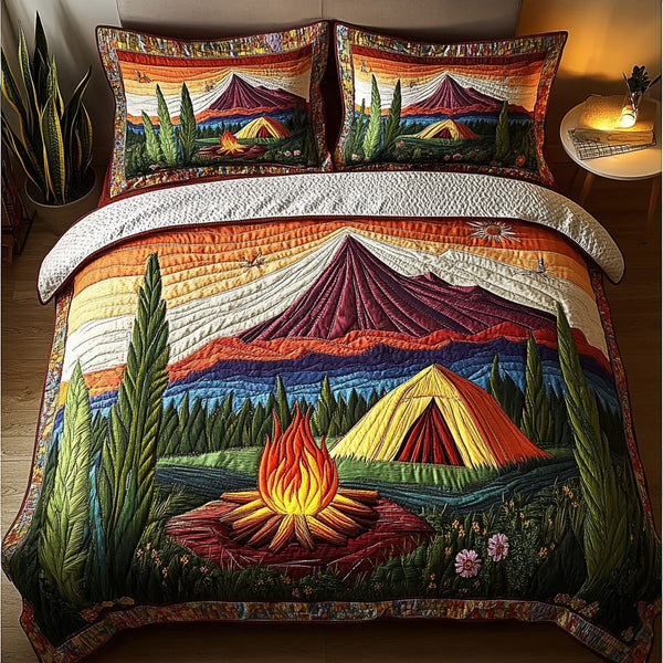 Rustic Retreat quilted 3-piece bedding set on a made bed in a farmhouse bedroom