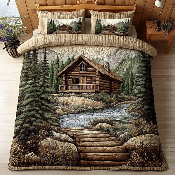 Rustic Retreat quilted 3-piece bedding set on a made bed in a farmhouse bedroom