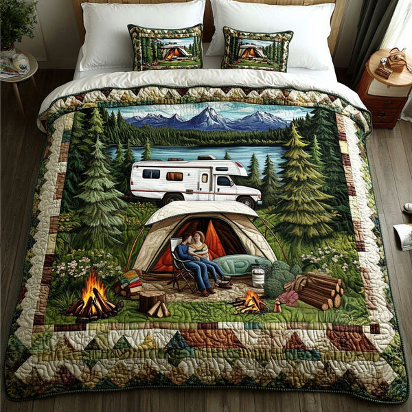 Rustic Retreat quilted 3-piece bedding set on a made bed in a farmhouse bedroom