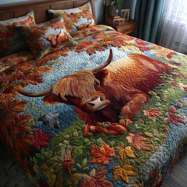 Rustic Retreat quilted 3-piece bedding set on a made bed in a farmhouse bedroom