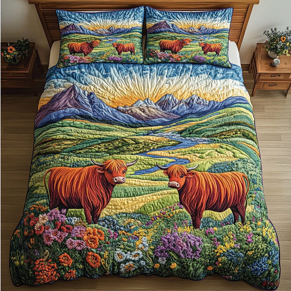 Rustic Retreat quilted 3-piece bedding set on a made bed in a farmhouse bedroom
