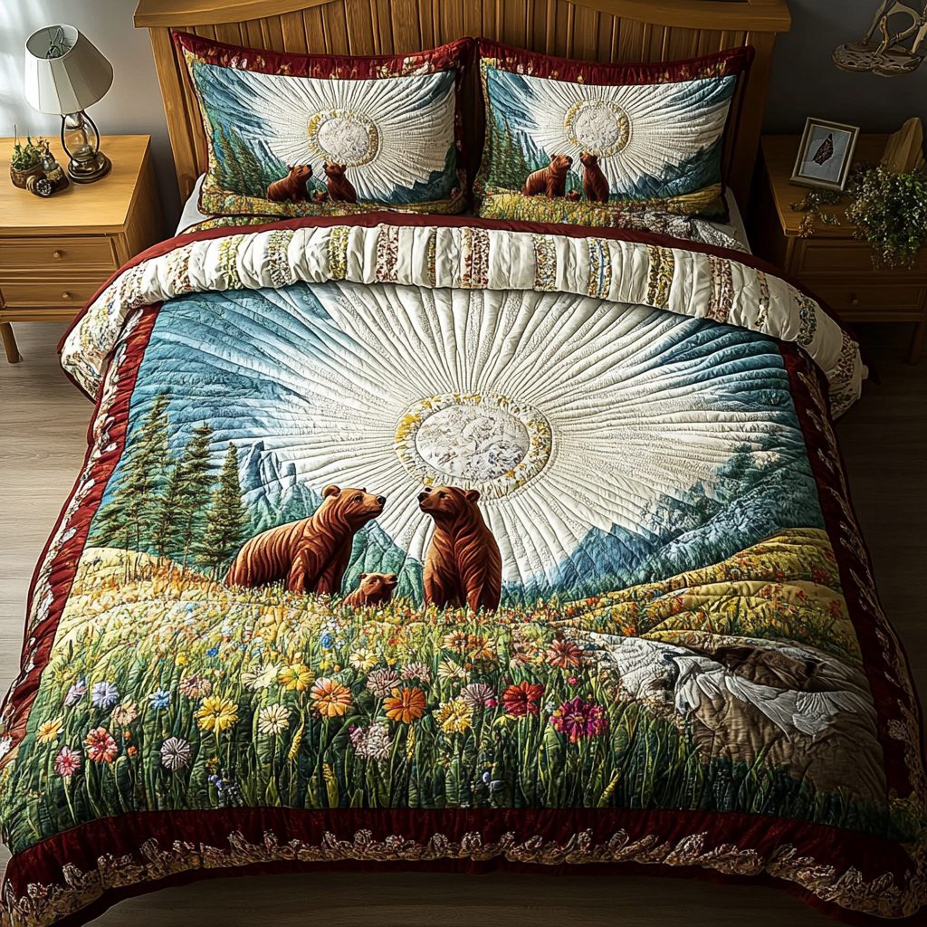 Rustic Retreat quilted 3-piece bedding set on a made bed in a farmhouse bedroom