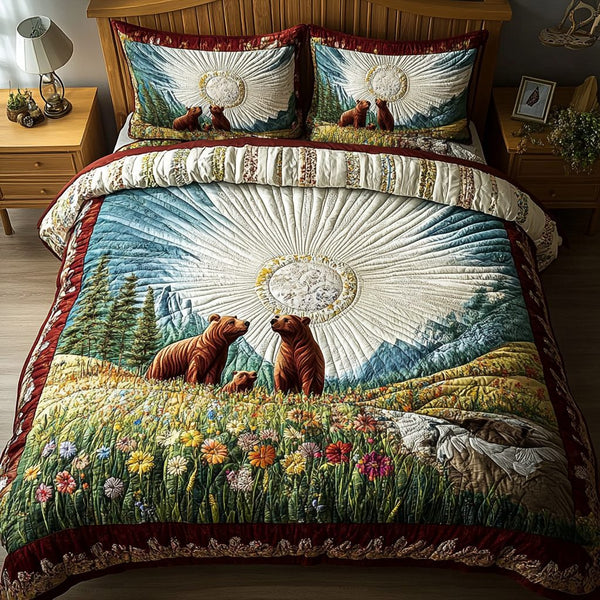 Rustic Retreat quilted 3-piece bedding set on a made bed in a farmhouse bedroom