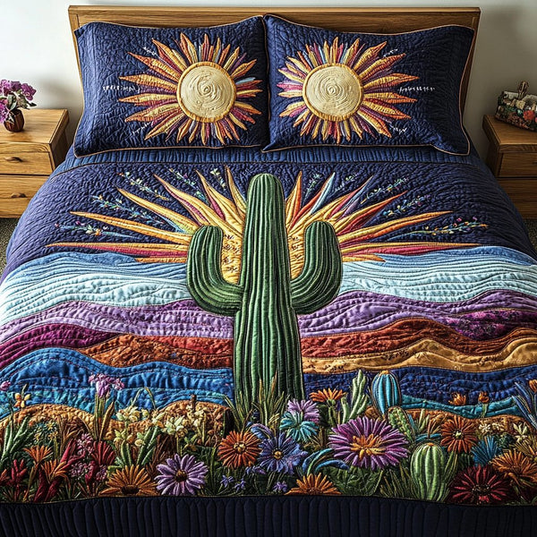 Rustic Retreat quilted 3-piece bedding set on a made bed in a farmhouse bedroom