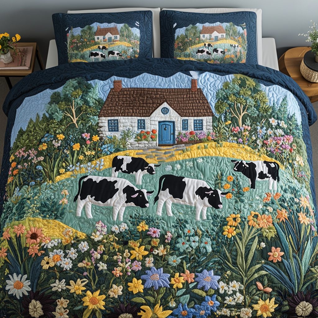 Rustic Retreat quilted 3-piece bedding set on a made bed in a farmhouse bedroom