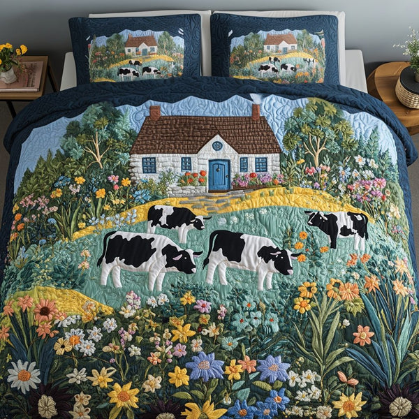 Rustic Retreat quilted 3-piece bedding set on a made bed in a farmhouse bedroom