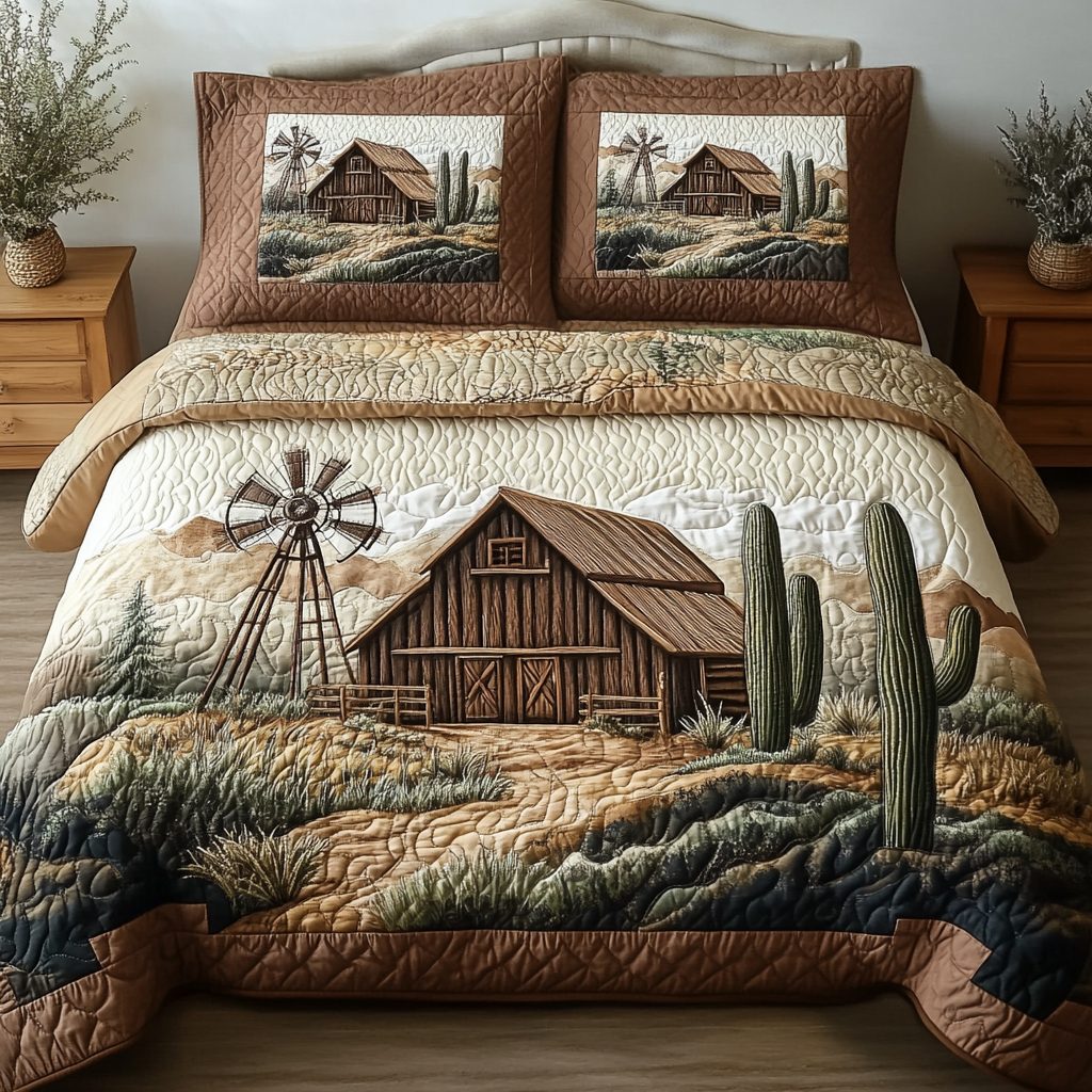 Rustic Retreat quilted 3-piece bedding set on a made bed in a farmhouse bedroom