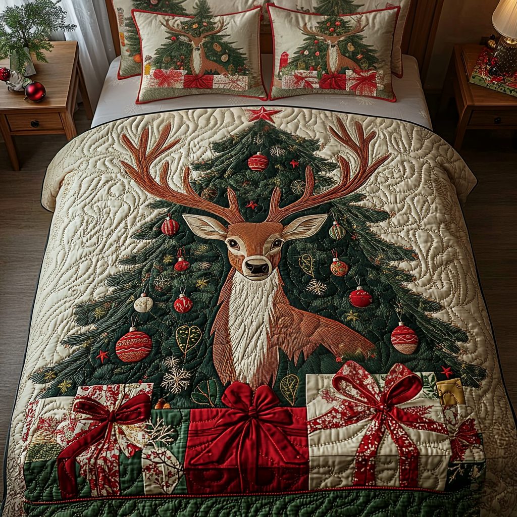 Rustic Retreat quilted 3-piece bedding set on a made bed in a farmhouse bedroom