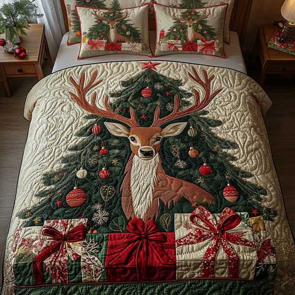 Rustic Retreat quilted 3-piece bedding set on a made bed in a farmhouse bedroom