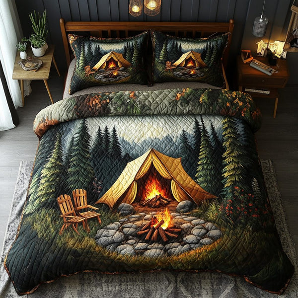 Rustic Retreat quilted 3-piece bedding set on a made bed in a farmhouse bedroom