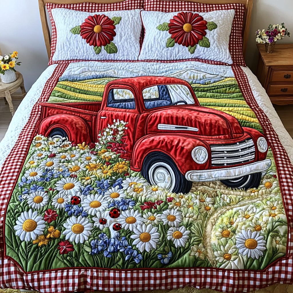 Rustic Ride quilted 3-piece bedding set on a made bed in a farmhouse bedroom